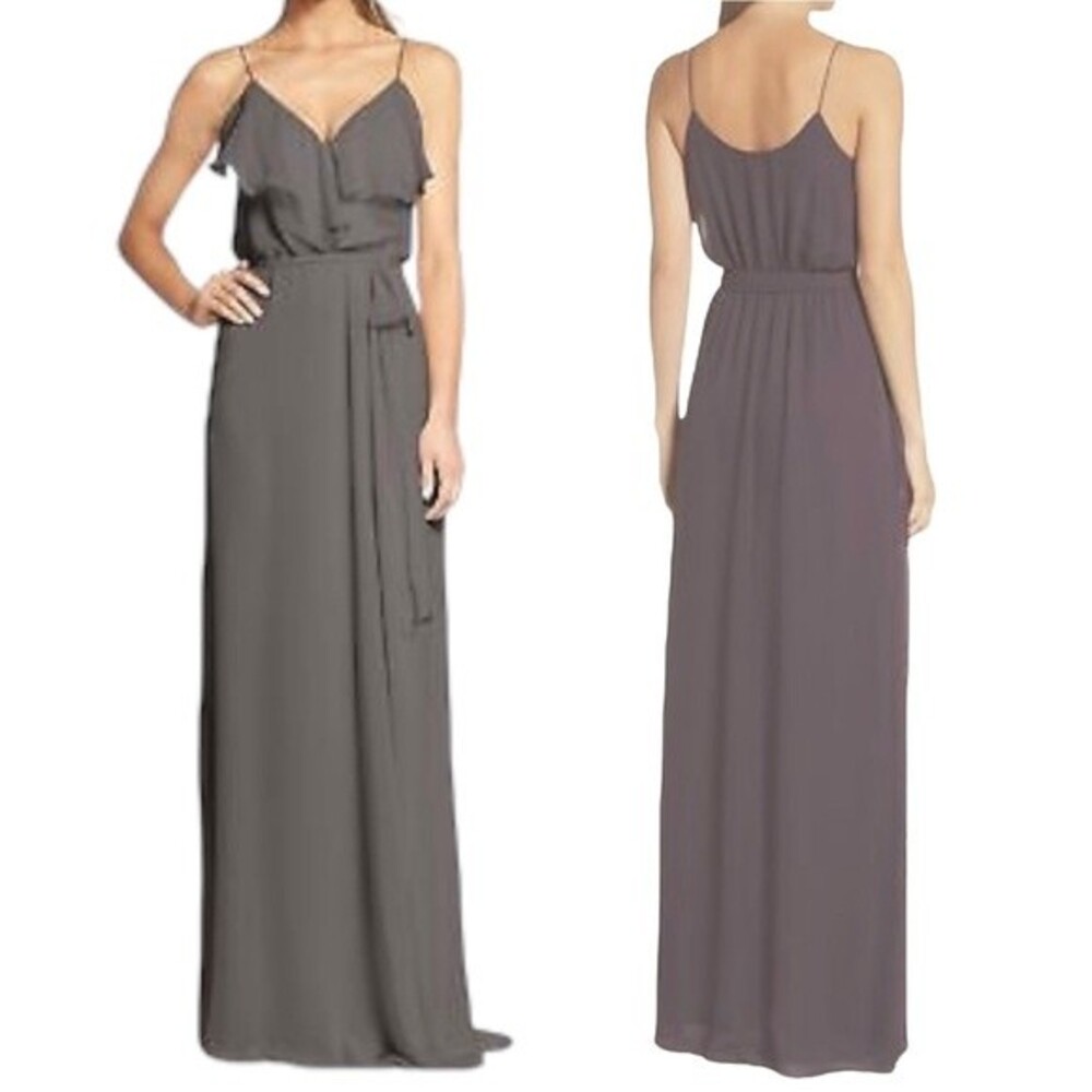 Nouvelle Amsale Drew Gray Chiffon Ruffle Wrap Spaghetti Strap Slip Dress Size XL - Picture 2 of 14